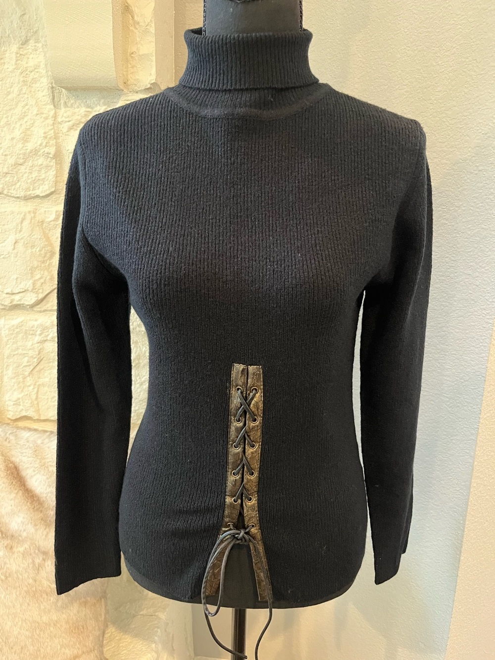 TiBALDi Italy Black Turtleneck Sweater Lace up Faux Leather Sz L/X